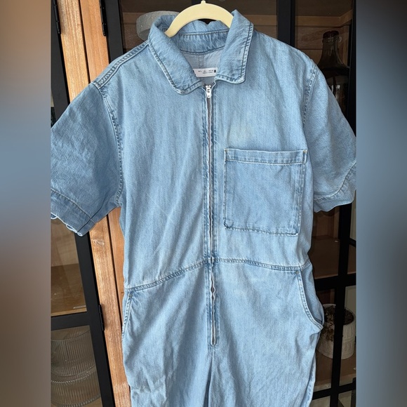 Zara Denim Jumpsuit wide straight leg jeans Zipper Light wash utility 1889/159 - Picture 9 of 11